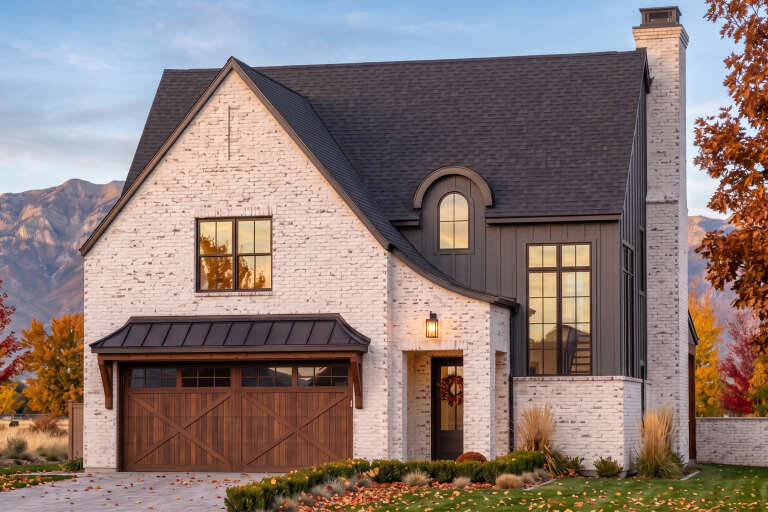 Front view of a white brick house in French Country style, dark metal roof, wood garage, and arched dormer window. House Plan # 7983-00213