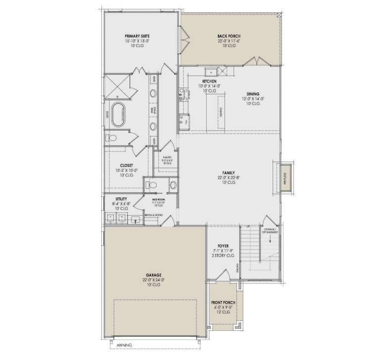Main floor plan drawing with 1BR, 1BA, family room, kitchen, dining, pantry, Ldry, mud room, 2-car garage, porch, fireplace. House Plan # 7983-00213