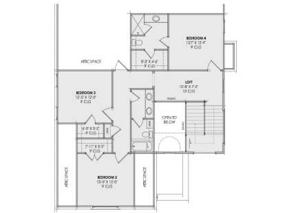 Second-floor plan drawing with 3BR, 2BA, loft, WIC, stairs, open-to-below area, and attic storage. House Plan # 7983-00213