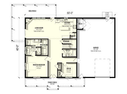 Main floor plan drawing with 2BR, 2BA, living room, kitchen, pantry, WIC, storage, 2-car garage, porch, and fireplace. House Plan # 3822-00045