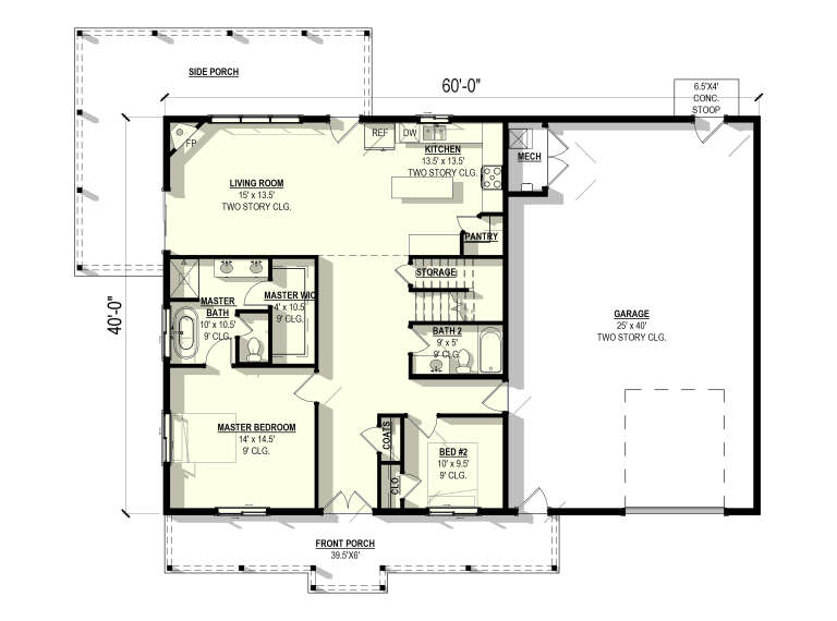 Main floor plan drawing with 2BR, 2BA, living room, kitchen, pantry, WIC, storage, 2-car garage, porch, and fireplace. House Plan # 3822-00045