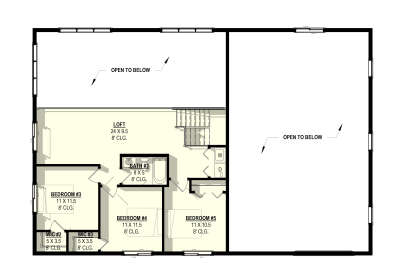 Second-floor plan drawing with 3BR, 1BA, loft, 2 WIC, laundry, stairs, and large open-to-below areas. House Plan # 3822-00045