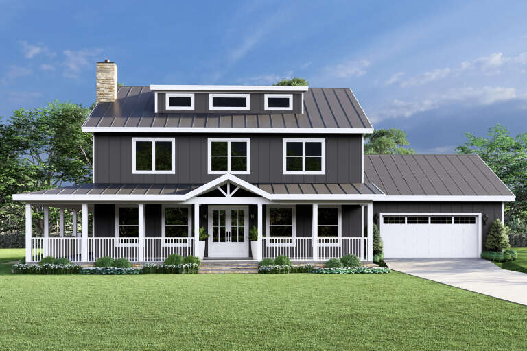 Front view of a dark gray house in Modern Farmhouse style, metal roof, wrap-around porch, and stone chimney. House Plan # 3822-00046