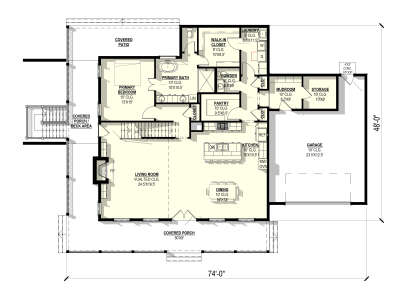 Main floor plan drawing with 1BR, 1.5BA, vaulted living room, kitchen, pantry, WIC, Ldry, mudroom, 2-car garage, and porch. House Plan # 3822-00046