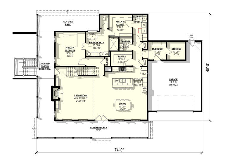 Main floor plan drawing with 1BR, 1.5BA, vaulted living room, kitchen, pantry, WIC, Ldry, mudroom, 2-car garage, and porch. House Plan # 3822-00046