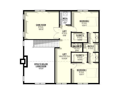 Second-floor plan drawing with 2BR, 1.5BA, game room, 2 lofts, closets, mech room, stairs, and open-to-below area. House Plan # 3822-00046