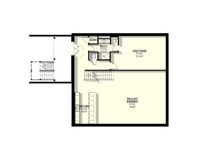Basement floor plan drawing with 1BA, craft room, wet bar, walk-out basement, stairs, and 9' ceilings. House Plan # 3822-00046