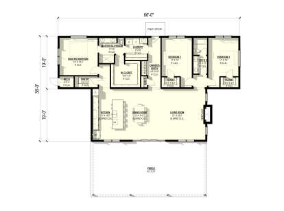 Main floor plan drawing with 3BR, 2BA, kitchen, dining, living room, fireplace, WIC, Ldry, mud bench, and large porch. House Plan # 3822-00047