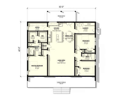 Main floor plan drawing with 3BR, 2BA, office, vaulted kitchen/living/dining, pantry, Ldry, 2 WIC, front porch, rear patio. House Plan # 3822-00048