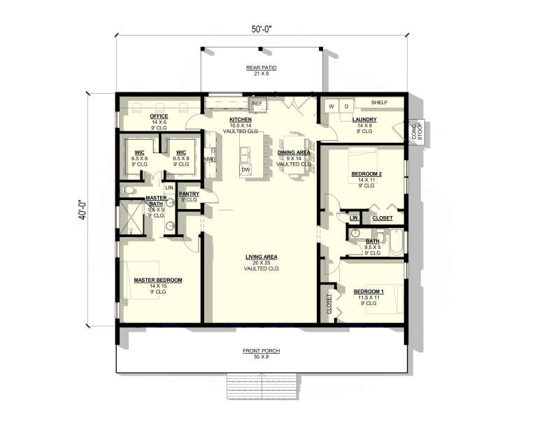 Main floor plan drawing with 3BR, 2BA, office, vaulted kitchen/living/dining, pantry, Ldry, 2 WIC, front porch, rear patio. House Plan # 3822-00048
