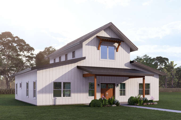 Angled front view of a white house in Barndominium style, metal roof, wood accents, and covered front porch. House Plan # 3822-00049
