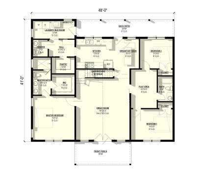 Main floor plan drawing with 2BR, 2BA, great room with vaulted ceiling, kitchen, Brkfst nook, play area, WIC, Ldry, porch. House Plan # 3822-00049