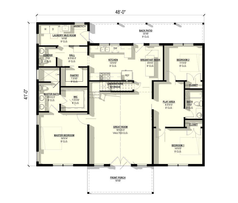 Main floor plan drawing with 2BR, 2BA, great room with vaulted ceiling, kitchen, Brkfst nook, play area, WIC, Ldry, porch. House Plan # 3822-00049