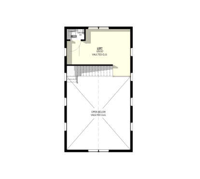 Loft floor plan drawing with loft, vaulted ceilings, mechanical room, stairs, and open-to-below area. House Plan # 3822-00049