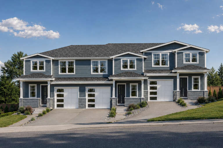Front view of a blue house in Traditional style, shingle and lap siding, three garages, and gabled rooflines. House Plan # 035-01246