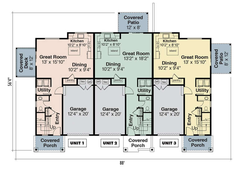 Main floor plan drawing with 3 townhome units, each with kitchen, great room, dining, 1BA, utility, garage, and porch/deck. House Plan # 035-01246