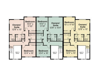 Second-floor plan drawing with 6BR, 6BA, 3 owners' suites, WICs, storage, stairs, and open-to-below areas. House Plan # 035-01246