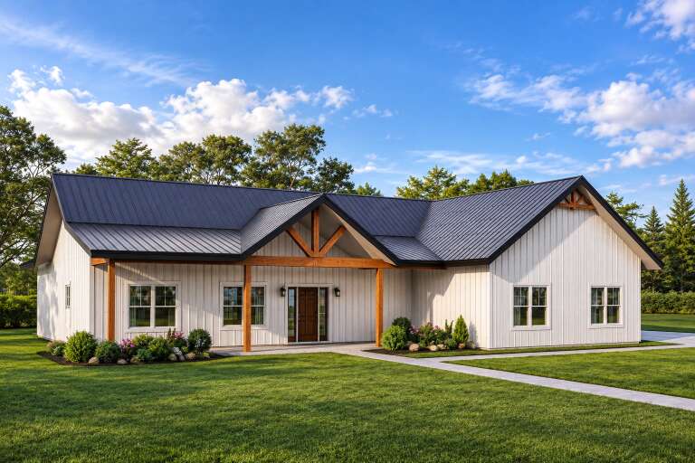 Front view of a white house, board-and-batten siding, dark metal roof, timber porch supports, and manicured landscaping. House Plan # 3822-00050