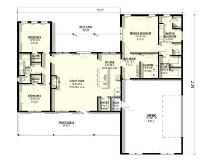 Main floor plan drawing with 3BR, 2BA, vaulted great room/kitchen, pantry, Ldry, mudroom, 3-car garage, porch, and patio. House Plan # 3822-00050