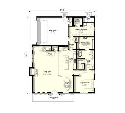 Main floor plan drawing with 1BR, 1BA, great room, kitchen, dining, mud room, Ldry, storm shelter, 2-car garage, and porch. House Plan # 3822-00051