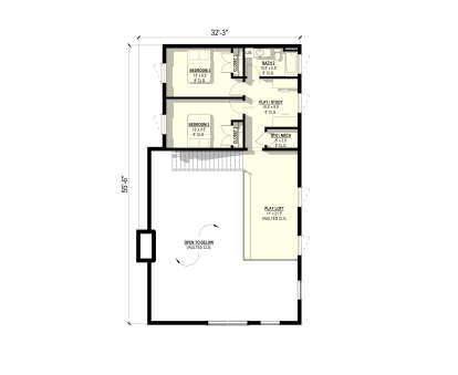 Second-floor plan drawing with 2BR, 1BA, play/study, play loft, storage/mech, stairs, and open-to-below area. House Plan # 3822-00051