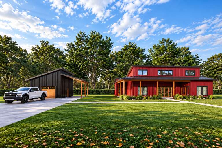 Angled front view of a red Modern Farmhouse, black metal roof, wrap-around porch, and detached black garage. House Plan # 3822-00052