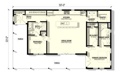Main floor plan drawing with 2BR, 2BA, vaulted great room/kitchen, pantry, Ldry, WIC, mud bench, and wrap-around porch. House Plan # 3822-00052