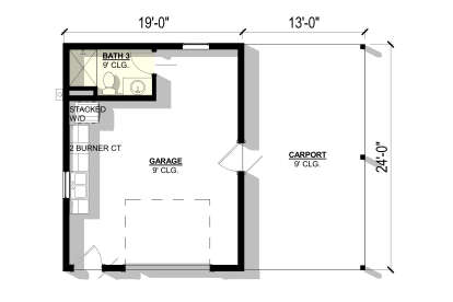 Floor plan drawing with 1BA, garage, carport, kitchenette, and stacked W/D, all with 9' ceilings. House Plan # 3822-00052