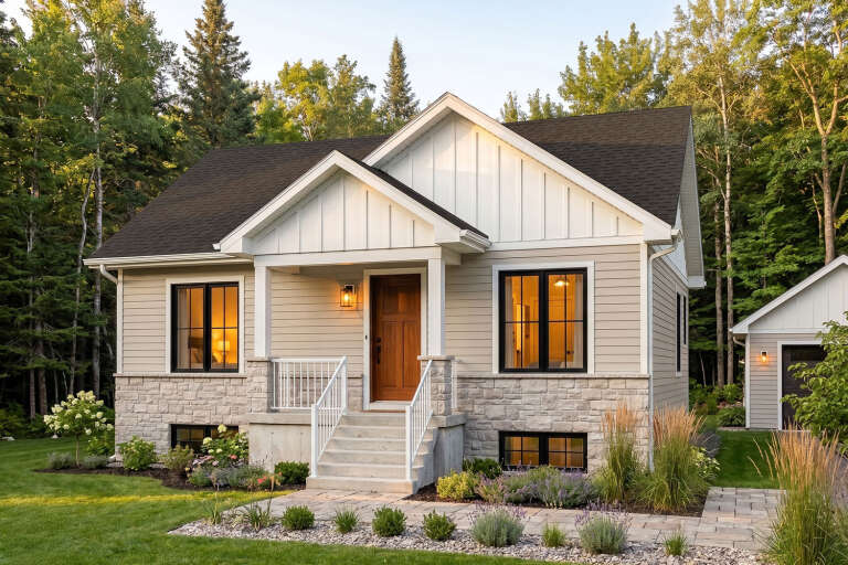 Front view of a beige Craftsman house, stone base, white board-and-batten gables, black windows, and wood front door. House Plan # 034-01450