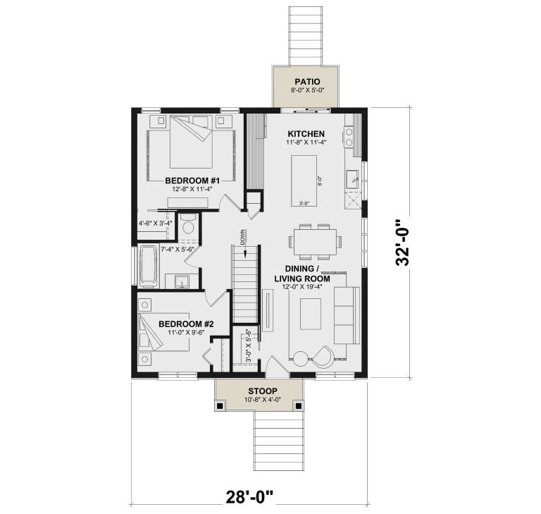 Main floor plan drawing with 2BR, 1BA, open kitchen, dining/living room, stairs, stoop, and patio. House Plan # 034-01450