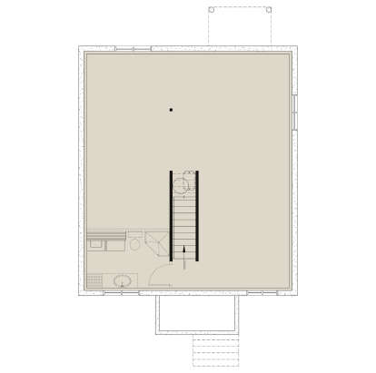 Floor plan drawing with open living space, 1BA, stairs, and front porch. House Plan # 034-01450