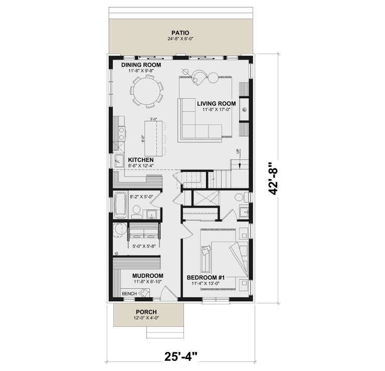 Main floor plan drawing with 1BR, 1.5BA, open kitchen, living/dining, mudroom, stairs, porch, and patio. House Plan # 034-01451