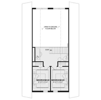 Second-floor plan drawing with 2BR, loft, stairs, and open-to-ground-floor area. House Plan # 034-01451