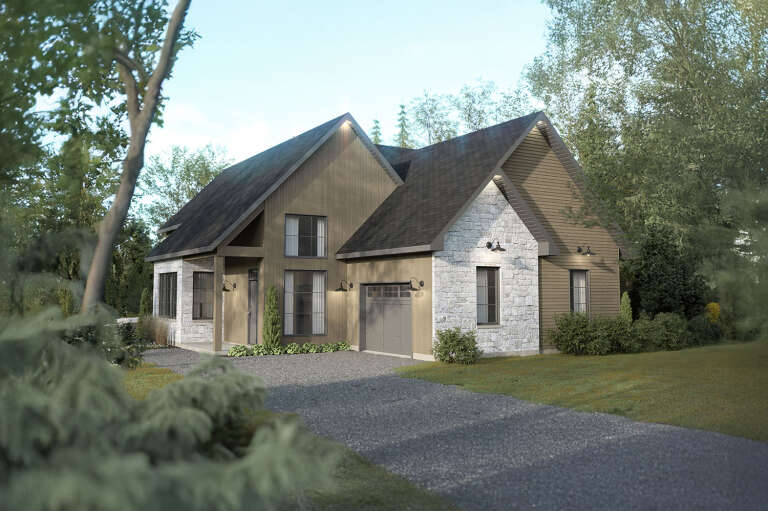 Angled front view of a brown house in Craftsman style, stone accents, vertical siding, garage, and gabled rooflines. House Plan # 034-01452