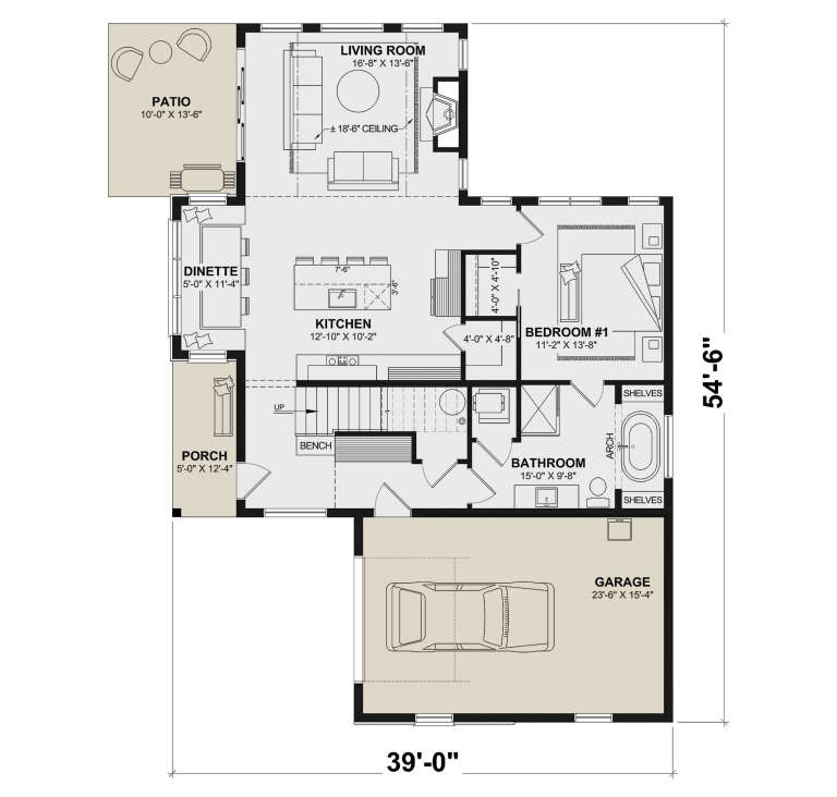 Main floor plan drawing with 1BR, 1BA, kitchen, dinette, living room with fireplace, patio, porch, and 1-car garage. House Plan # 034-01452