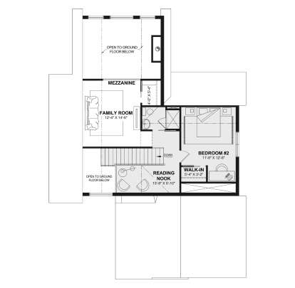 Second-floor plan drawing with 1BR, 1BA, mezzanine, family room, reading nook, WIC, stairs, and open-to-below area. House Plan # 034-01452