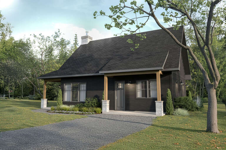 Angled front view of a black house in Modern Farmhouse style, stone chimney, wood porch posts, and stone base piers. House Plan # 034-01453