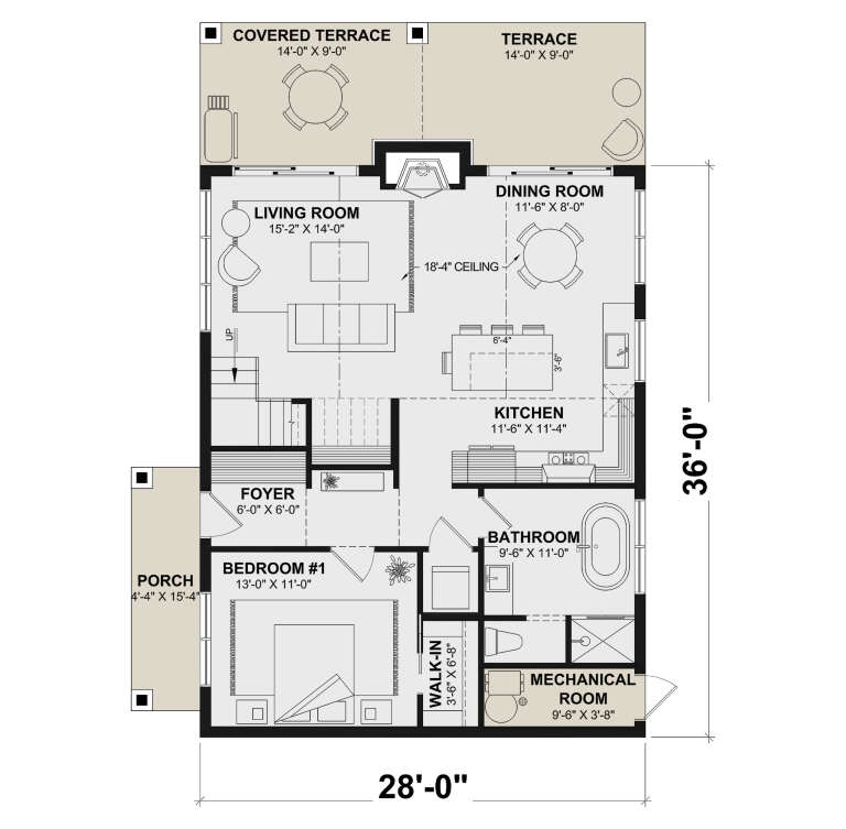 Main floor plan drawing with 1BR, 1BA, kitchen, living room, dining room, WIC, stairs, fireplace, porch, and terrace. House Plan # 034-01453