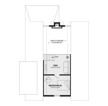 Second-floor plan drawing with 1BR, den, stairs, and open-to-below area. House Plan # 034-01453