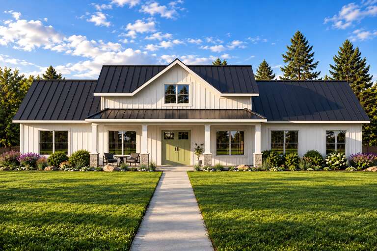 Front view of a white house in Modern Farmhouse style, black metal roof, green door, covered porch, and lush landscaping. House Plan # 5032-00493
