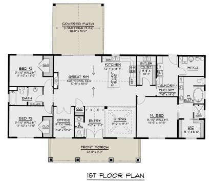 First-floor plan drawing with 3BR, 2.5BA, great room, kitchen, office, butler pantry, Ldry, WIC, covered patio, front porch. House Plan # 5032-00493