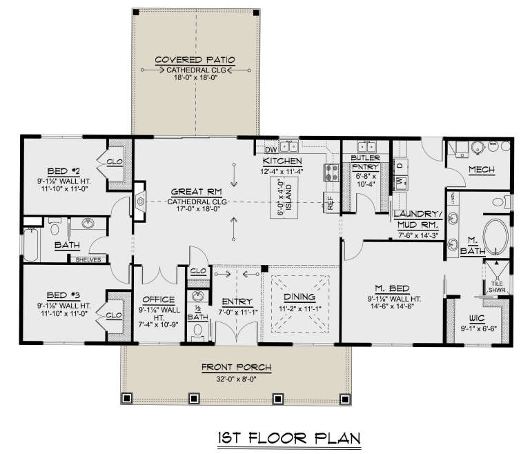 First-floor plan drawing with 3BR, 2.5BA, great room, kitchen, office, butler pantry, Ldry, WIC, covered patio, front porch. House Plan # 5032-00493
