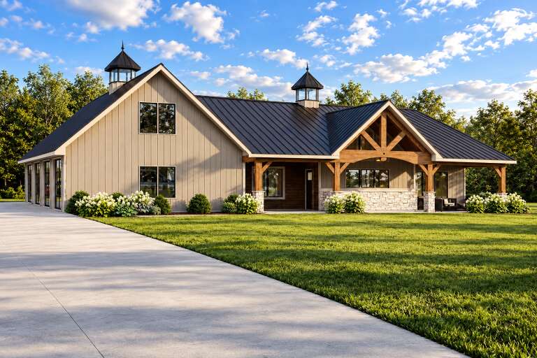 Angled front view of a tan house in Barndominium style, metal roof, dual cupolas, timber porch, and stone accents. House Plan # 5032-00494