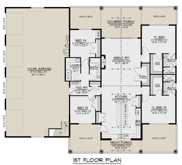 First-floor plan drawing with 4BR, 3BA, great room, kitchen, 2 WIC, Ldry, mud room, 4-car garage, and cathedral ceilings. House Plan # 5032-00494