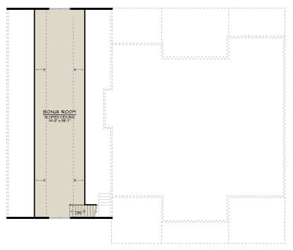 Upper-floor plan drawing with bonus room, sloped ceiling, and stairs. House Plan # 5032-00494