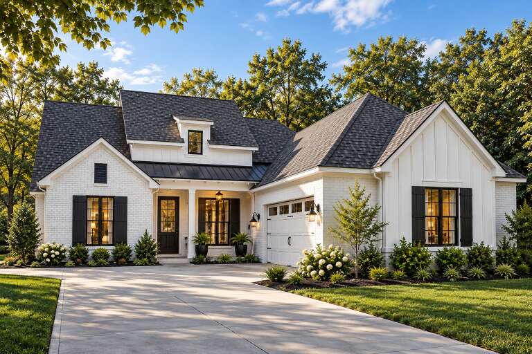 Angled front view of a white house in Modern Farmhouse style, brick and board-and-batten siding, black accents, garage. House Plan # 9035-00259