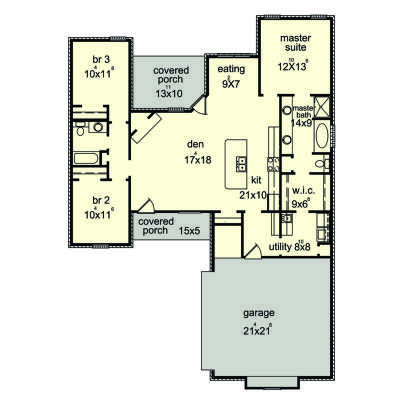 Main floor plan drawing with 3BR, 2BA, den, kitchen, eating area, WIC, Ldry, 2 covered porches, and 2-car garage. House Plan # 9035-00259