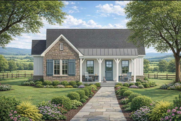 Front view of a white and stone Cottage house, metal roof accent, blue shutters, covered porch, and landscaped walkway. House Plan # 8292-00056