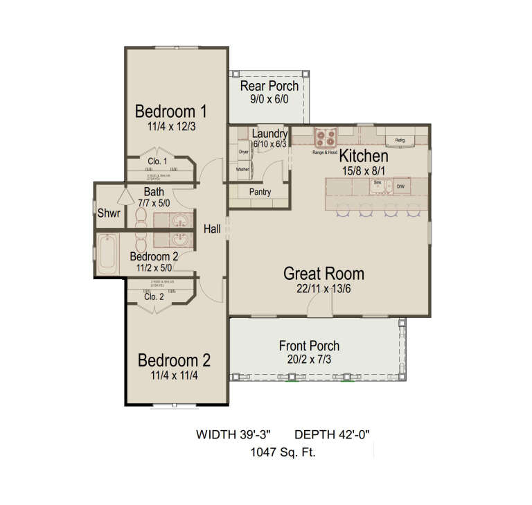 Floor plan drawing with 2BR, 1BA, great room, kitchen, pantry, Ldry, 2 closets, rear porch, and front porch. House Plan # 8292-00056