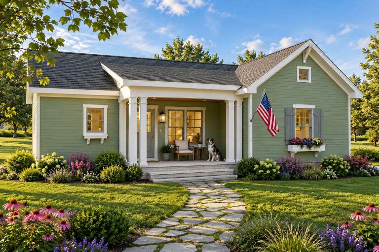 Front view of a green house in Cottage style, covered porch, white columns, flower boxes, and stone walkway. House Plan # 8292-00057